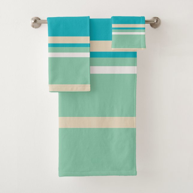 Teal Blue, green and Turquoise Stripes Bath Towel Set (Insitu)