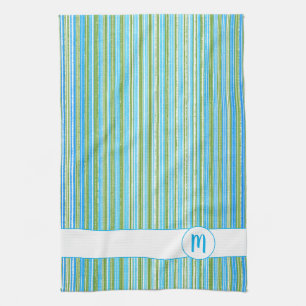 Teal, Blue, Green, and White Stripes Monogram Kitchen Towel