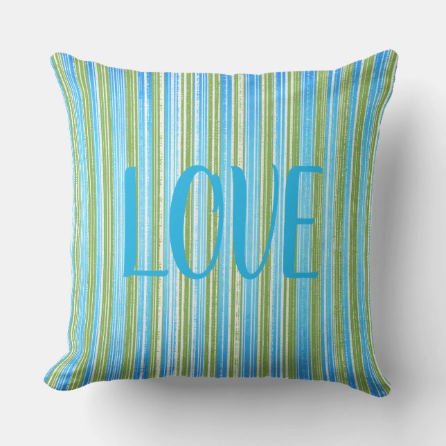Teal, Blue, Green, and White Stripes Outdoor Pillow (Front)