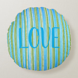 Teal, Blue, Green, and White Stripes Round Pillow