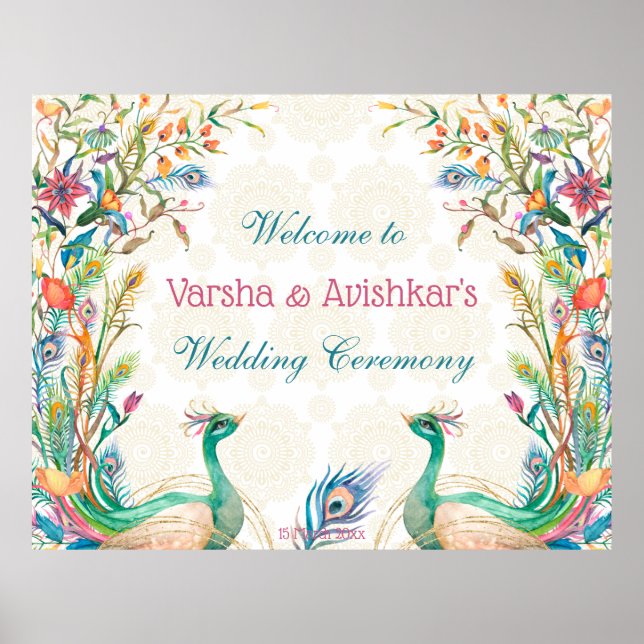 Teal blue green cerise floral peacock welcome poster (Front)