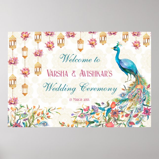 Teal blue green cerise floral peacock welcome  poster (Front)
