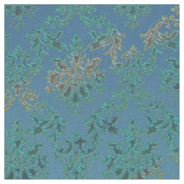 Teal Blue Green Damask Print Fabric (Close Up)