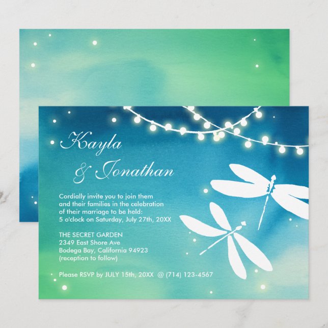 Teal Blue & Green Dragonfly Wedding Invitations (Front/Back)