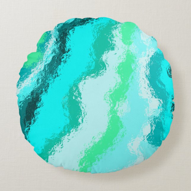 Teal Blue Green Expressive Painterly Pattern Round Pillow (Front)