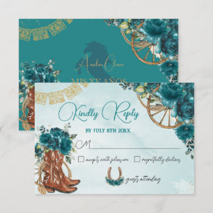Teal Blue Green Floral Charro Quinceañera Reply RSVP Card