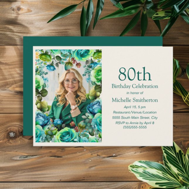 Teal Blue Green Flowers 80th Birthday Photo Invitation (Green and blue watercolor floral 80th birthday party photo card)