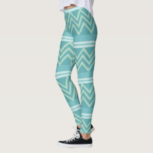 Teal Blue Green Geometric Chevron Pattern Leggings