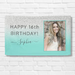 Teal Blue Green Glitter Birthday Party Banner<br><div class="desc">Personalized chic styles turquoise sweet 16 birthday,  13th,  15th,  18th,  21st,  30th,  40th,  50th,  60th,  70th,  80th,  90th,  100th.

Add your own photo to this customizable glam luxury and glitter ombre design.</div>