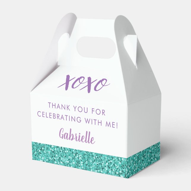 Teal Blue Green Glitter Modern Birthday Mitzvah Favor Box (Front Side)