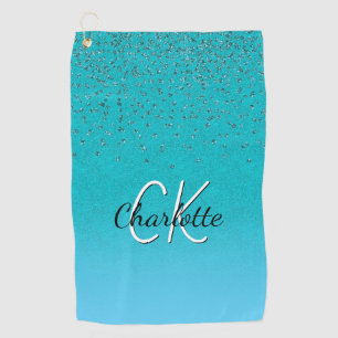 Teal blue green glitter monogram name golf towel