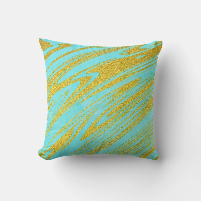 Teal Blue Green Gold Golden Glitter Artsy Patterns Outdoor Pillow (Front)