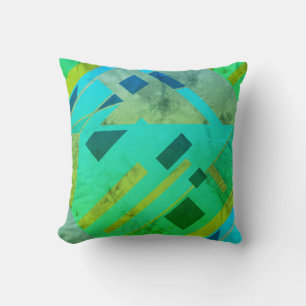 Teal Blue Green Grey Gold Diagonal MCM Look Motif Throw Pillow