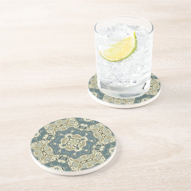 Teal Blue Green Grey Ochre Hip Bohemian Bali Art Coaster (Side)