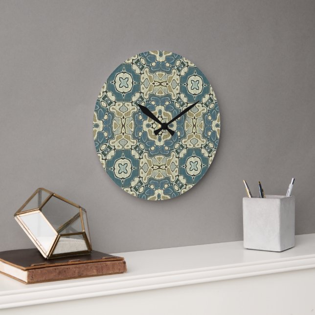 Teal Blue Green Grey Ochre Hip Bohemian Bali Art Large Clock (Office)