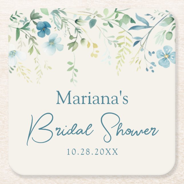 Teal Blue Green Ivory Floral Square Paper Coaster (Front)