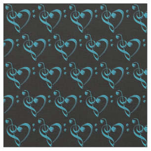 Teal Blue Green on Black Music Clef Heart Fabric