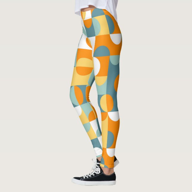 Teal Blue Green Orange Midcentury Circles Pattern Leggings (Left)