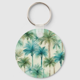 Teal Blue Green Palm Trees Pattern Keychain