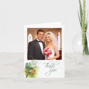 Teal blue green + peach floral wedding thank you card