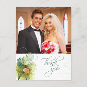 Teal blue green + peach floral wedding thank you postcard