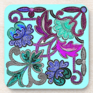 TEAL BLUE GREEN PURPLE  LACE FLOWERS COASTER