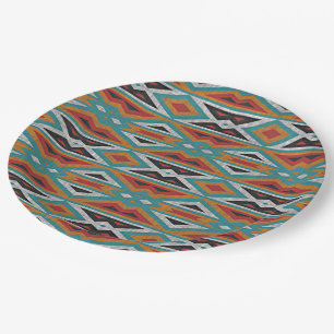 Teal Blue Green Red Terra Cotta Tribal Art Pattern Paper Plate