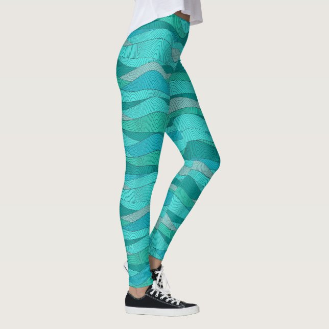 Teal Blue Green Sea Waves Leggings (Right)