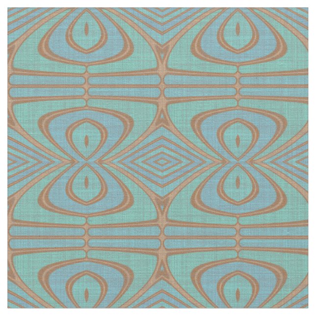 Teal Blue Green Taupe Brown Beige Tribal Pattern Fabric (Close Up)