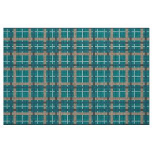 Teal Blue Green Taupe Brown Tartan Squares Pattern Fabric