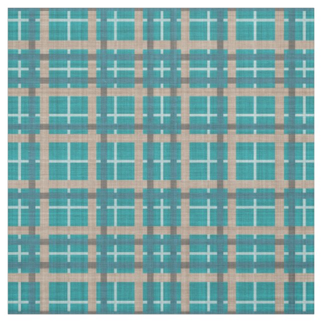 Teal Blue Green Taupe Brown Tartan Squares Pattern Fabric (Swatch)