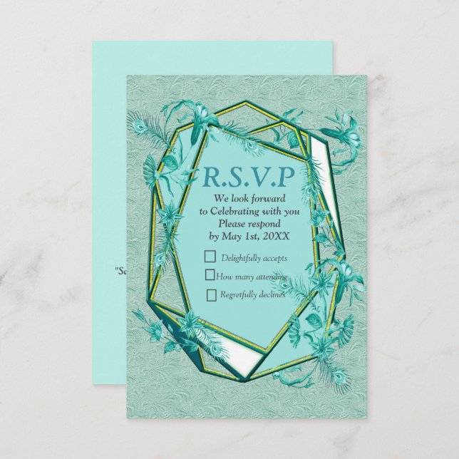 Teal Blue - Green textured background with flowers RSVP Card (Front/Back)