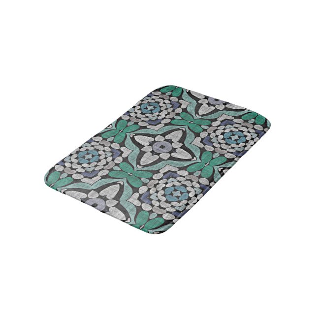 Teal Blue Green Turquoise Ornate Ethnic Art Motif Bath Mat (Angled)