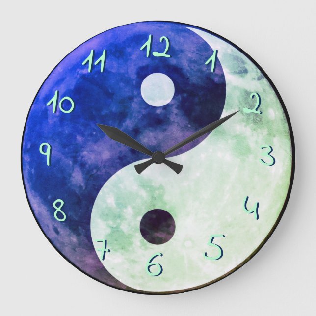Teal Blue Green Yin Yang Moon European Numbers Large Clock (Front)