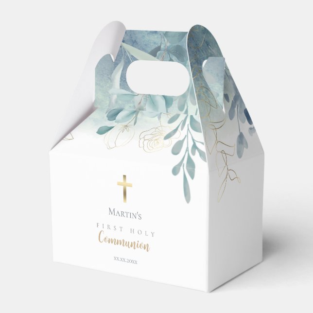teal blue greenery First Holy Communion  Favor Box (Front Side)