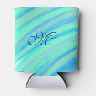 Teal blue greenwatercolor lines add your monogram  can cooler