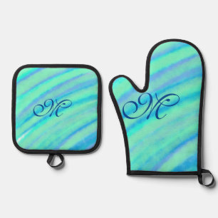 Teal blue greenwatercolor lines add your monogram oven mitt & pot holder set