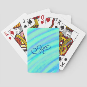 Teal blue greenwatercolor lines add your monogram  playing cards