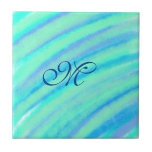 Teal blue greenwatercolor lines add your monogram  tile