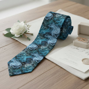 Teal Blue Grey Abstract Marbled Swirls Art Pattern Tie