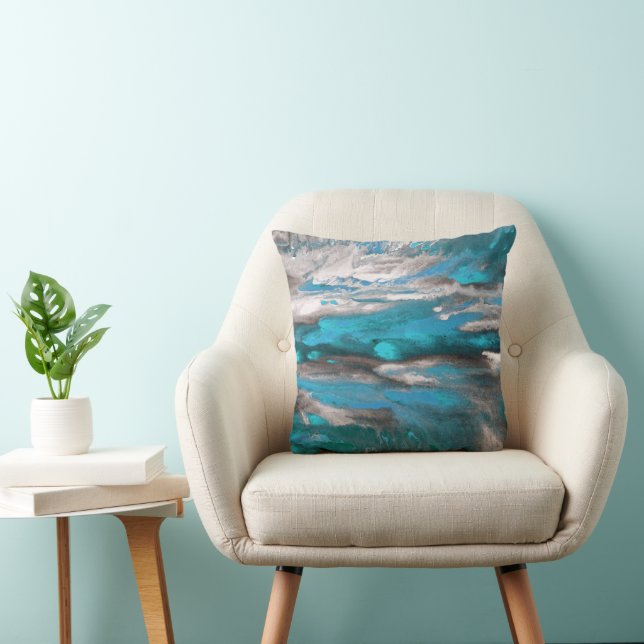 Teal Blue Grey Abstract Throw Pillow (Chair)