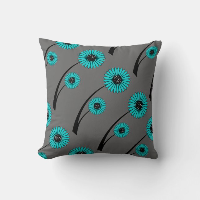 Teal Blue Grey Black Floral Flowers Throw Pillow (Front)