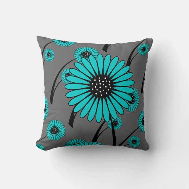 Teal Blue Grey Black Floral Flowers Throw Pillow (Front)