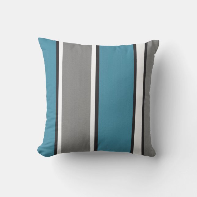 Teal Blue grey Black White Striped Modern Throw Pillow (Front)