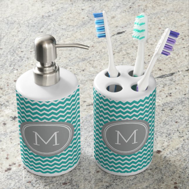 Teal Blue Grey Chevron Pattern Bathroom Set (Front)