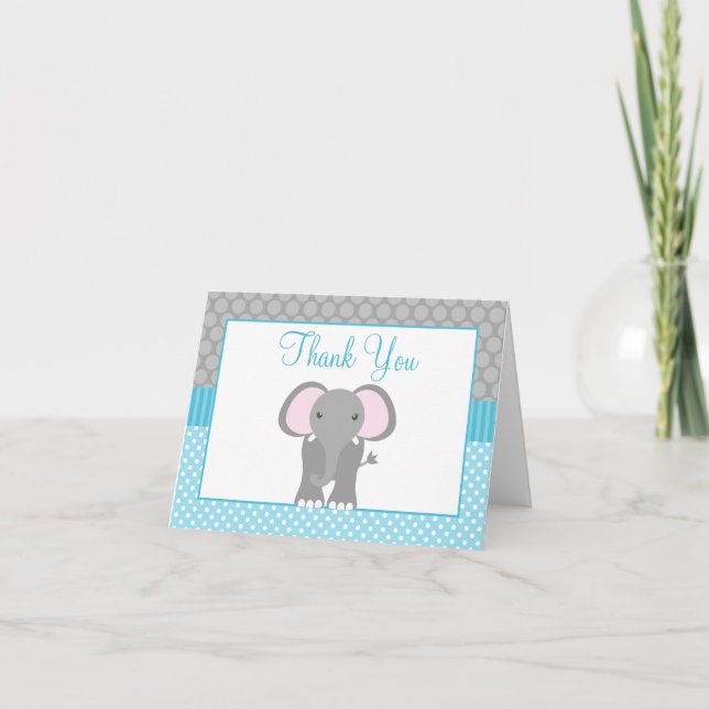 Teal Blue Grey Elephant Polka Dot Thank You Card (Front)