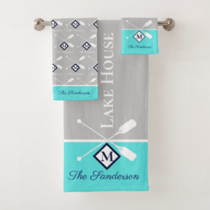 Teal Blue Grey Monogram Lake House Nautical Bath Towel Set