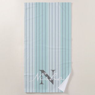 Teal Blue Grey Stripes Monogram Beach Towel