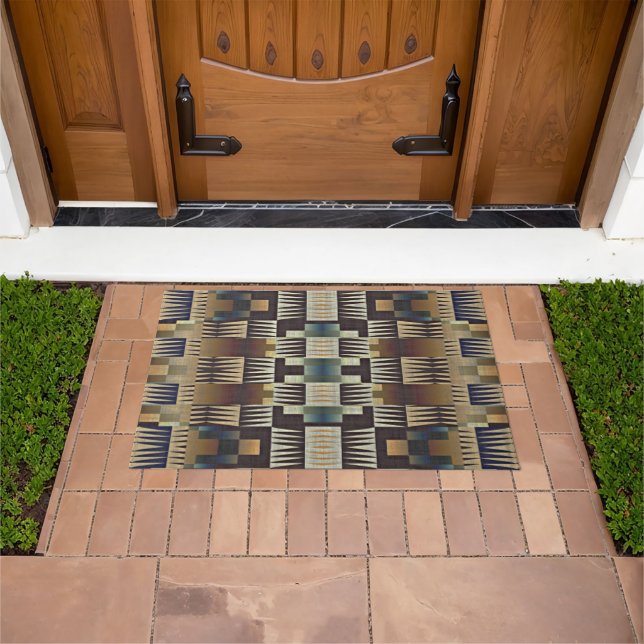 Teal Blue Grey Tan Taupe Brown Tribal Art Pattern Doormat (Outdoor)
