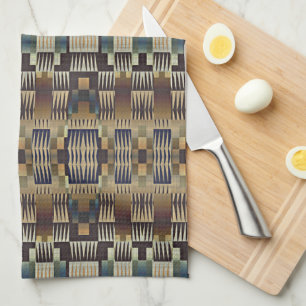 Teal Blue Grey Tan Taupe Brown Tribal Art Pattern Kitchen Towel